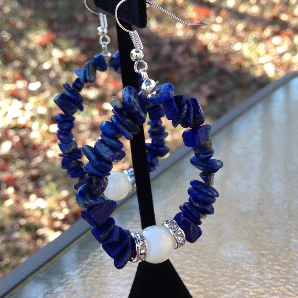 Blue Lapis Lazuli White Howlite Hoop Earrings - Picture 3 of 6